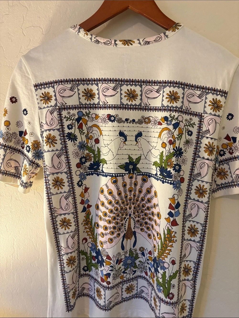 Tory Burch White Tee with Multicolor Peacock & Floral Print